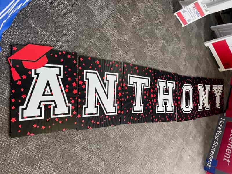 An image of graduation signage for someone named Anthony.